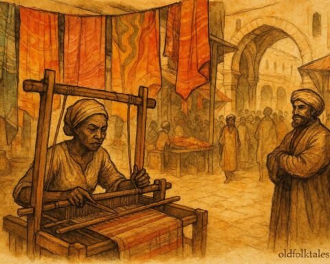 An illustration of weaver at loom in Tunis medina, artisan folktale scene.