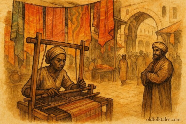 An illustration of weaver at loom in Tunis medina, artisan folktale scene.