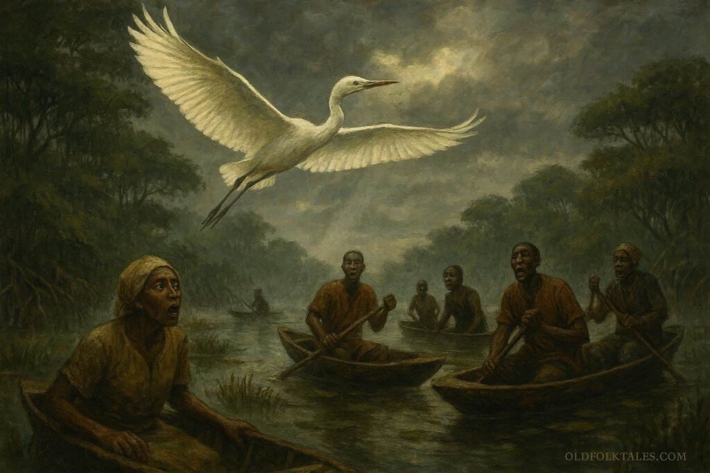A sacred white bird appearing above the wetlands of Guinea-Bissau as villagers watch in fear and wonder
