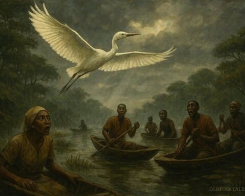 A sacred white bird appearing above the wetlands of Guinea-Bissau as villagers watch in fear and wonder
