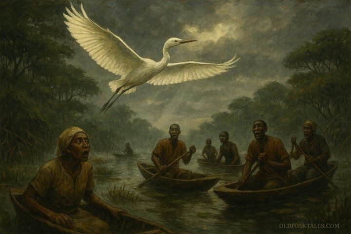 A sacred white bird appearing above the wetlands of Guinea-Bissau as villagers watch in fear and wonder