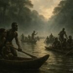 Fang ancestors crossing the Wele River during a historic migration journey in Central Africa.