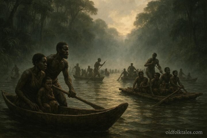 Fang ancestors crossing the Wele River during a historic migration journey in Central Africa.
