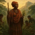 A gifted healer teaching traditional medicine to apprentices in the misty highlands of Bioko Island.