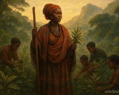 A gifted healer teaching traditional medicine to apprentices in the misty highlands of Bioko Island.