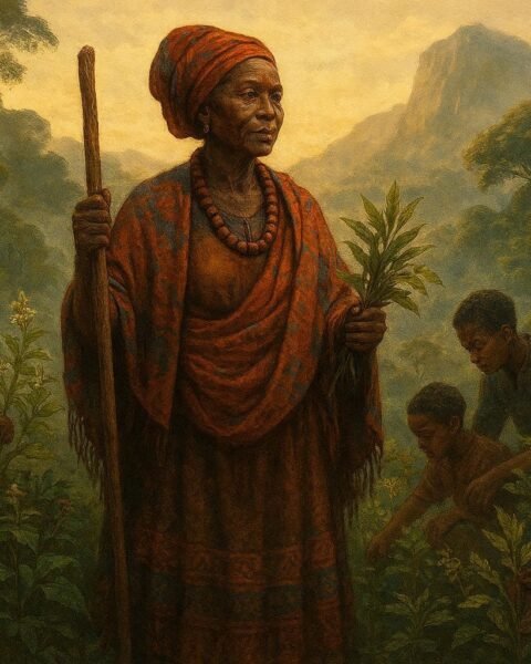 A gifted healer teaching traditional medicine to apprentices in the misty highlands of Bioko Island.