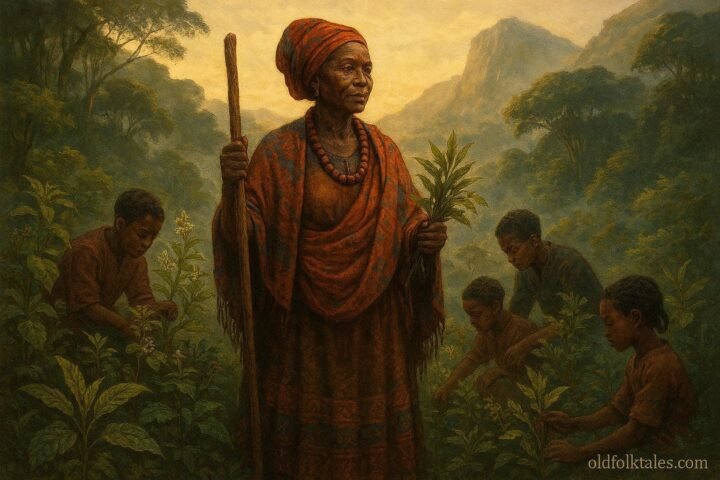A gifted healer teaching traditional medicine to apprentices in the misty highlands of Bioko Island.