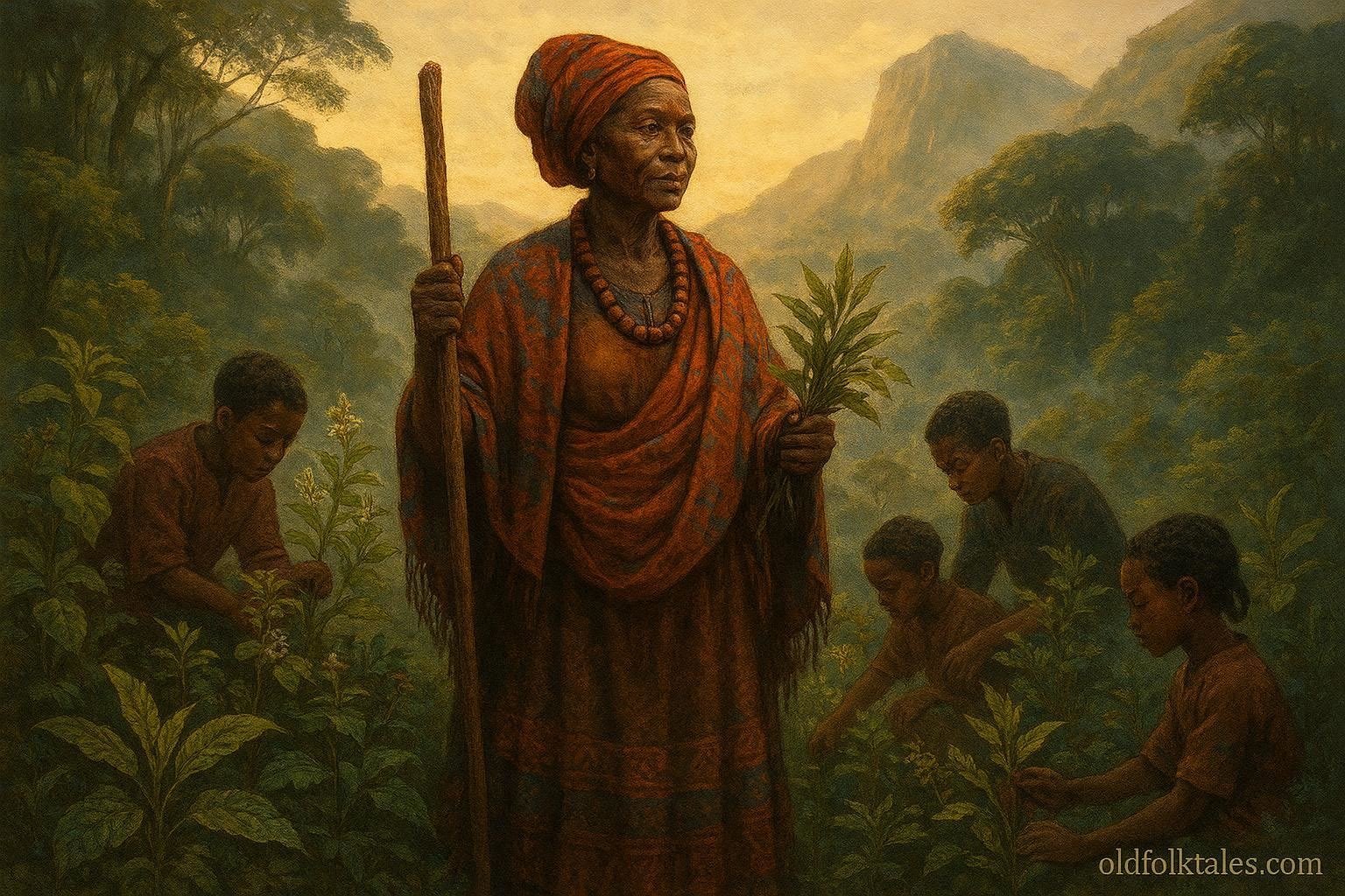 A gifted healer teaching traditional medicine to apprentices in the misty highlands of Bioko Island.