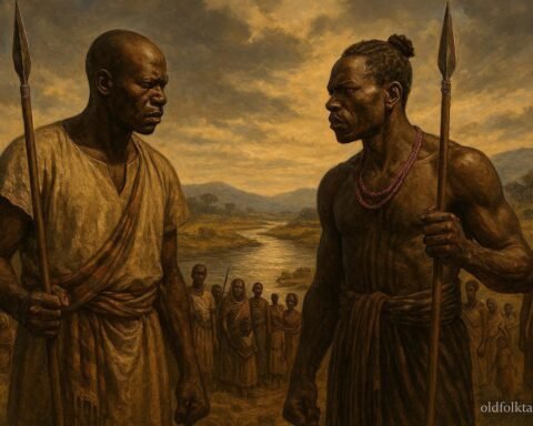 Labongo and Gipir standing near a river as their followers prepare to migrate and establish new communities.