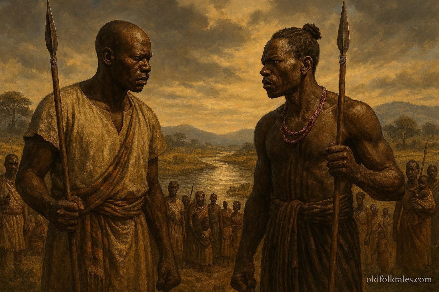 Labongo and Gipir standing near a river as their followers prepare to migrate and establish new communities.