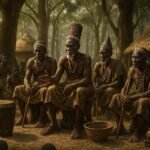 Chokwe and Mbunda elders gathered in a traditional Mukanda forest setting in Angola, preserving cultural knowledge and community traditions.