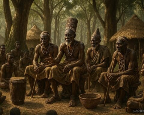 Chokwe and Mbunda elders gathered in a traditional Mukanda forest setting in Angola, preserving cultural knowledge and community traditions.