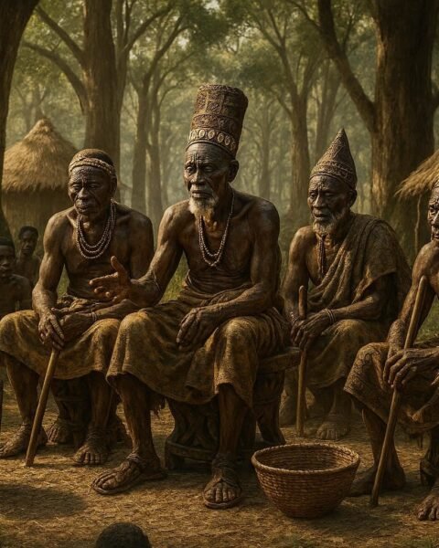 Chokwe and Mbunda elders gathered in a traditional Mukanda forest setting in Angola, preserving cultural knowledge and community traditions.
