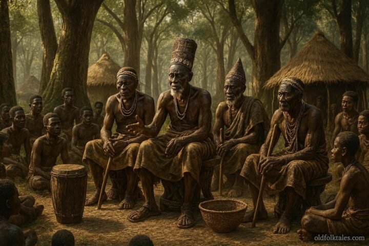Chokwe and Mbunda elders gathered in a traditional Mukanda forest setting in Angola, preserving cultural knowledge and community traditions.