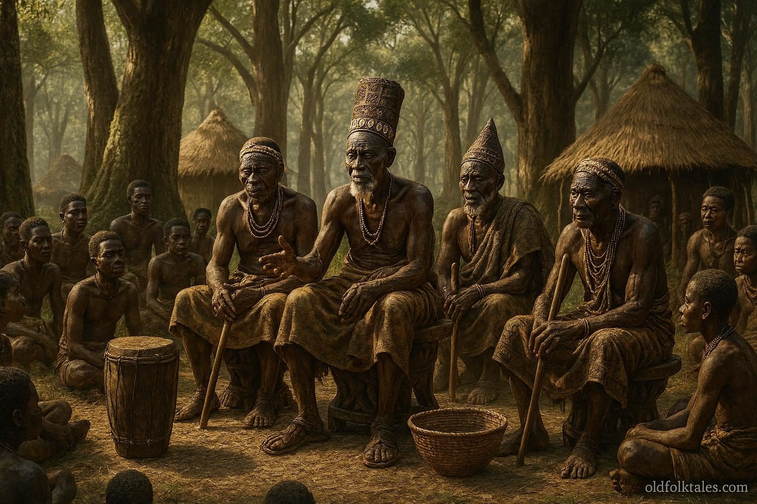 Chokwe and Mbunda elders gathered in a traditional Mukanda forest setting in Angola, preserving cultural knowledge and community traditions.