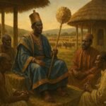 King Ndahura governing the ancient Kitara kingdom while meeting advisors and community leaders.
