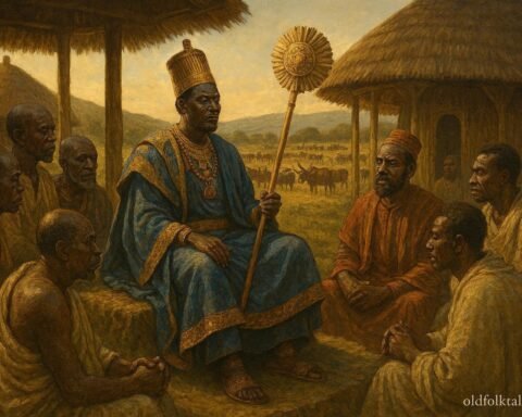 King Ndahura governing the ancient Kitara kingdom while meeting advisors and community leaders.