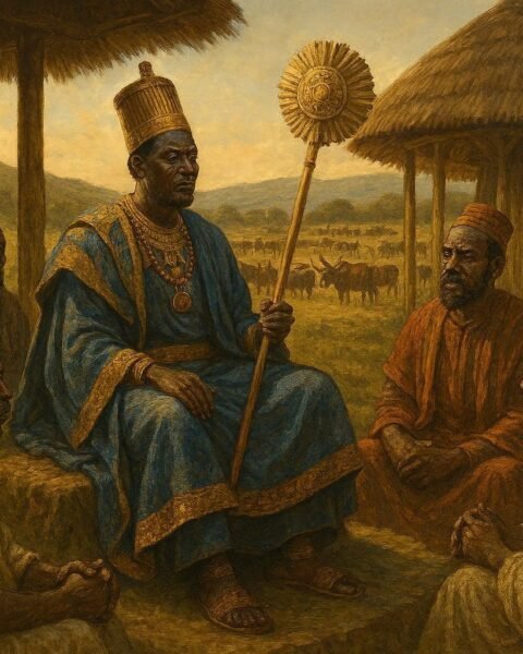 King Ndahura governing the ancient Kitara kingdom while meeting advisors and community leaders.