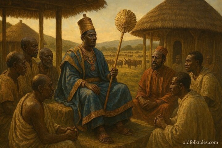 King Ndahura governing the ancient Kitara kingdom while meeting advisors and community leaders.