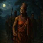 Queen Njinga guiding loyal companions through a nighttime journey away from Kabasa during a political crisis.