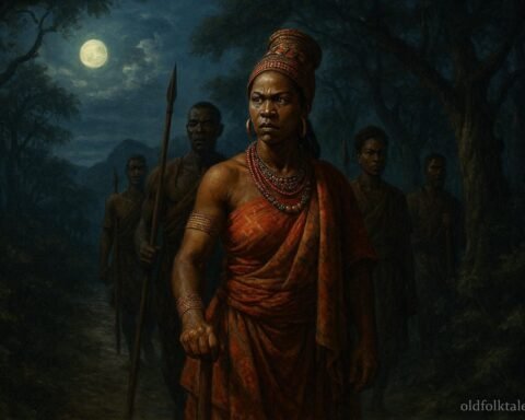 Queen Njinga guiding loyal companions through a nighttime journey away from Kabasa during a political crisis.
