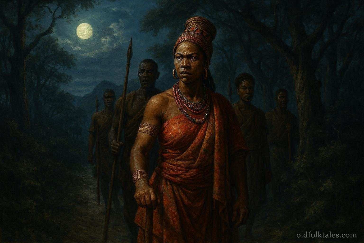 Queen Njinga guiding loyal companions through a nighttime journey away from Kabasa during a political crisis.