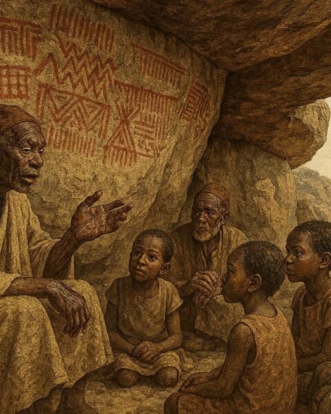 Ancient rock paintings at Nyero Rock in eastern Uganda as elders share stories about their mysterious creators.