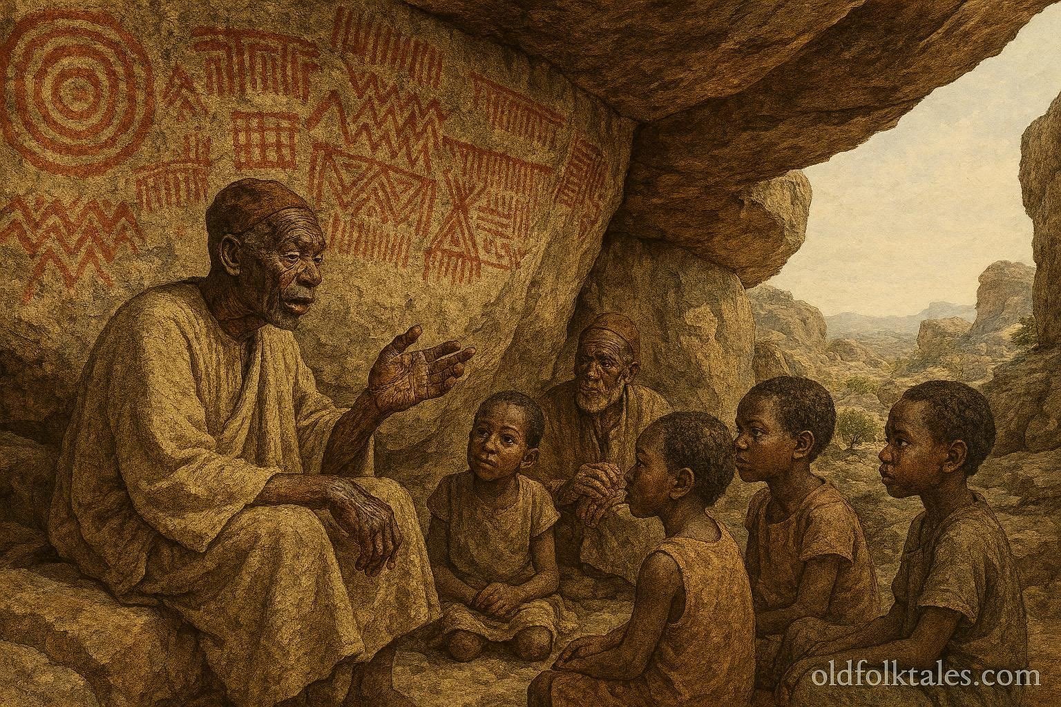 Ancient rock paintings at Nyero Rock in eastern Uganda as elders share stories about their mysterious creators.