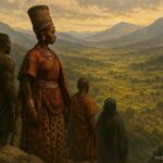 Princess Nyinamwiru overlooking a hidden valley kingdom after completing a courageous journey through distant lands.