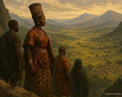 Princess Nyinamwiru overlooking a hidden valley kingdom after completing a courageous journey through distant lands.