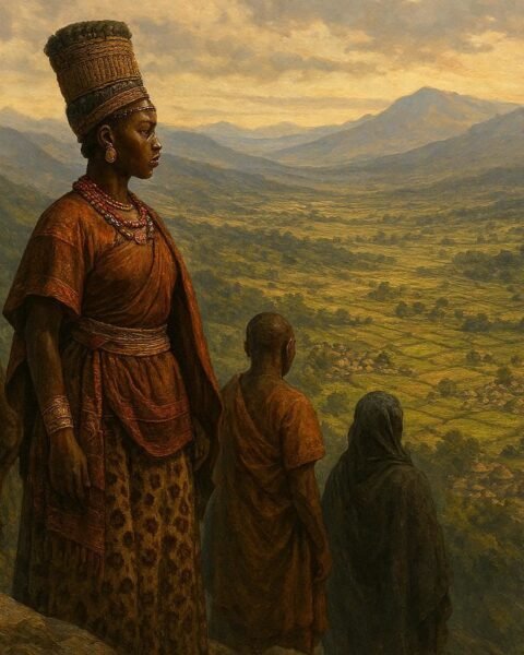 Princess Nyinamwiru overlooking a hidden valley kingdom after completing a courageous journey through distant lands.