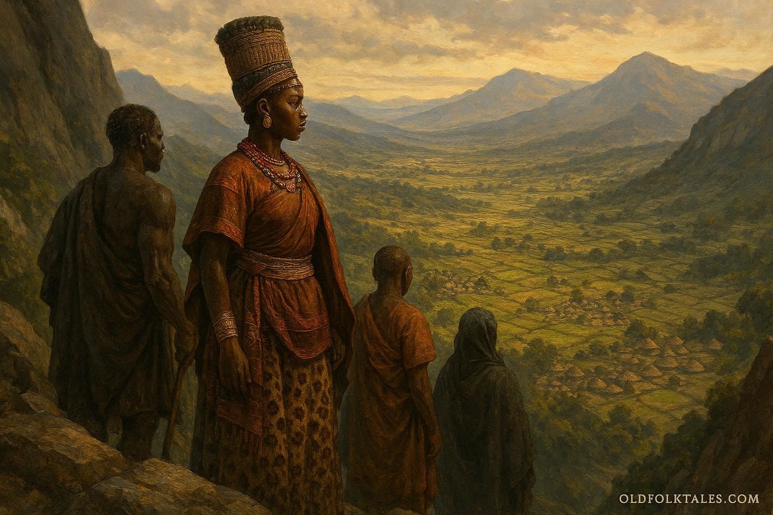 Princess Nyinamwiru overlooking a hidden valley kingdom after completing a courageous journey through distant lands.