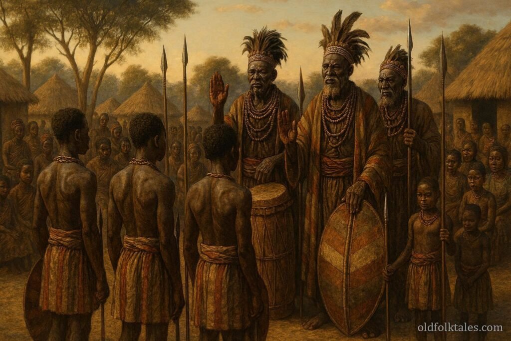 Imbangala elders conduct a traditional oath ceremony as young initiates pledge loyalty and discipline before their community.
