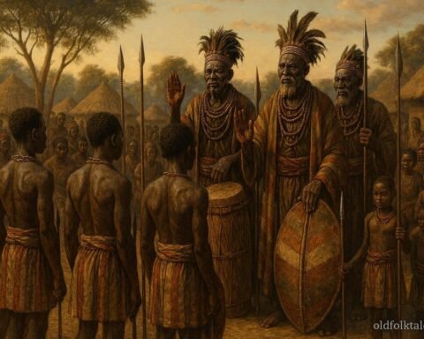 Imbangala elders conduct a traditional oath ceremony as young initiates pledge loyalty and discipline before their community.