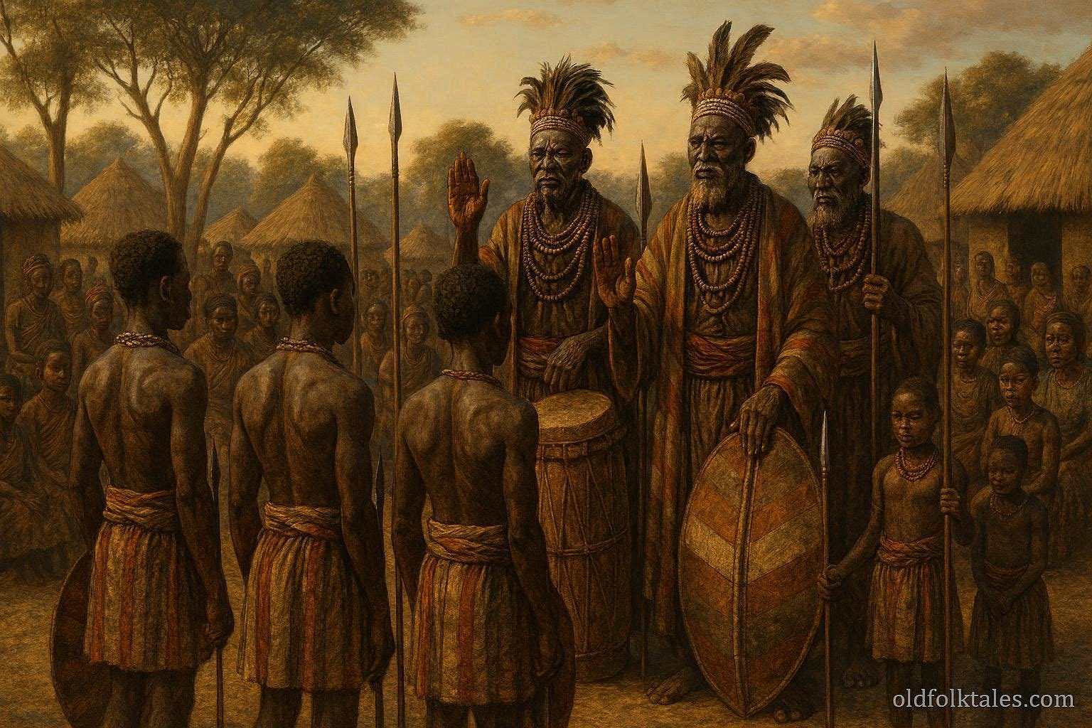 Imbangala elders conduct a traditional oath ceremony as young initiates pledge loyalty and discipline before their community.