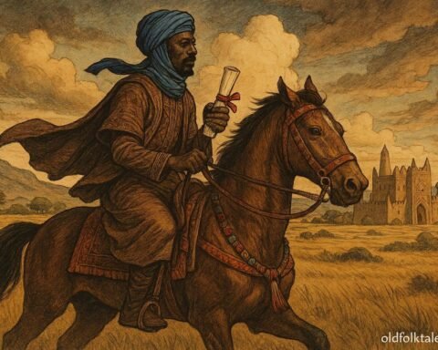 A trusted Hausa messenger riding across the Kingdom of Zazzau carrying a secret royal message from Queen Amina.