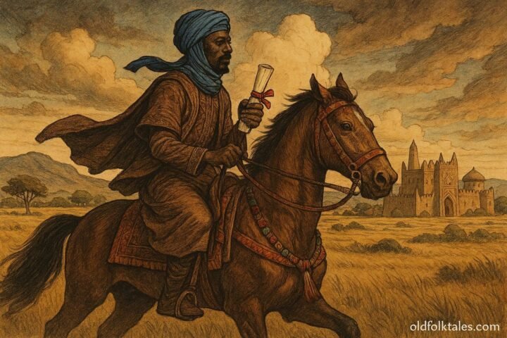 A trusted Hausa messenger riding across the Kingdom of Zazzau carrying a secret royal message from Queen Amina.
