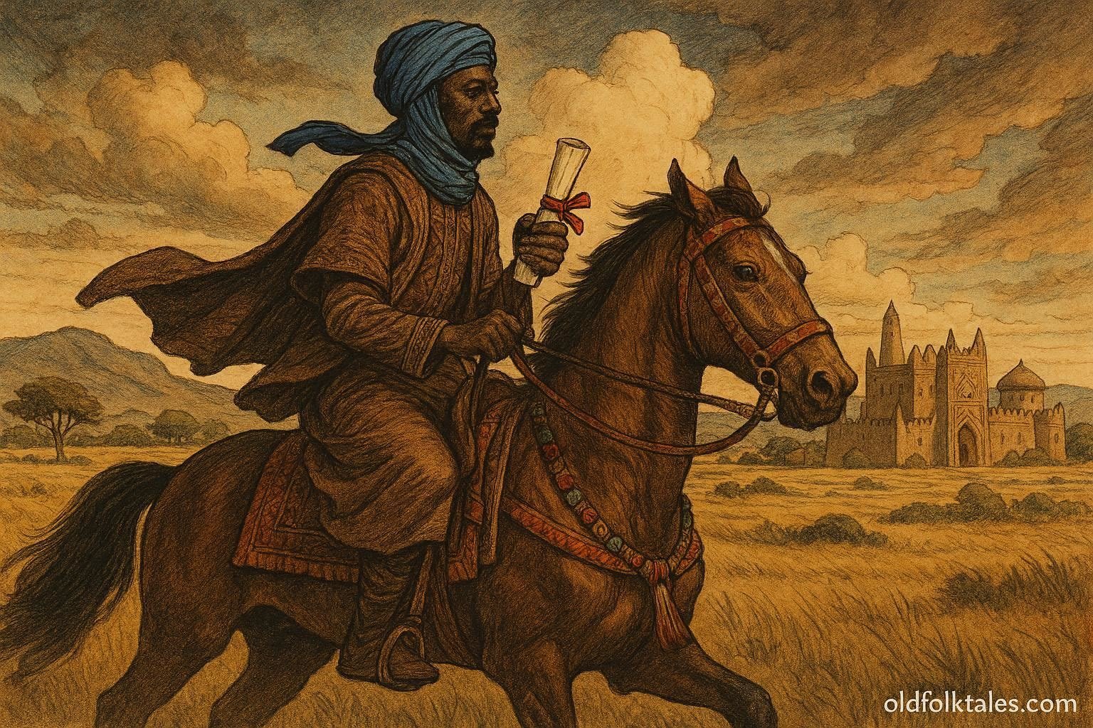 A trusted Hausa messenger riding across the Kingdom of Zazzau carrying a secret royal message from Queen Amina.