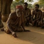 A Chokwe elder creating an intricate sona geometric sand drawing while adult apprentices observe during a traditional teaching session in eastern Angola.