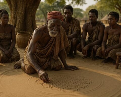 A Chokwe elder creating an intricate sona geometric sand drawing while adult apprentices observe during a traditional teaching session in eastern Angola.