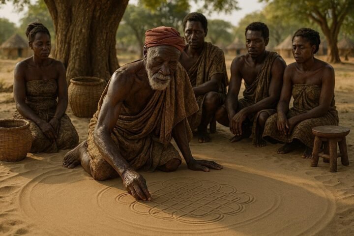 A Chokwe elder creating an intricate sona geometric sand drawing while adult apprentices observe during a traditional teaching session in eastern Angola.