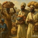 Dioula merchants arriving at a village marketplace and establishing trade networks that connect distant communities.