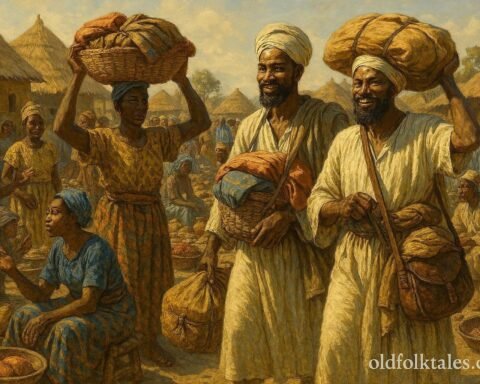 Dioula merchants arriving at a village marketplace and establishing trade networks that connect distant communities.