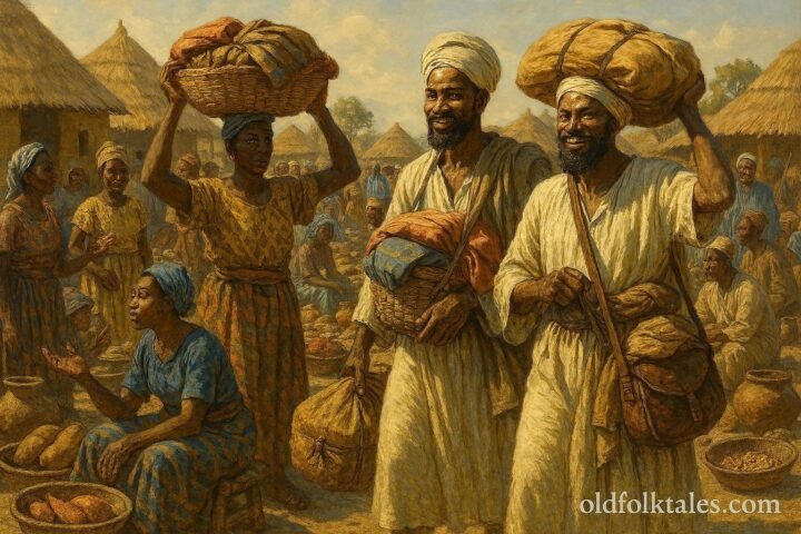 Dioula merchants arriving at a village marketplace and establishing trade networks that connect distant communities.