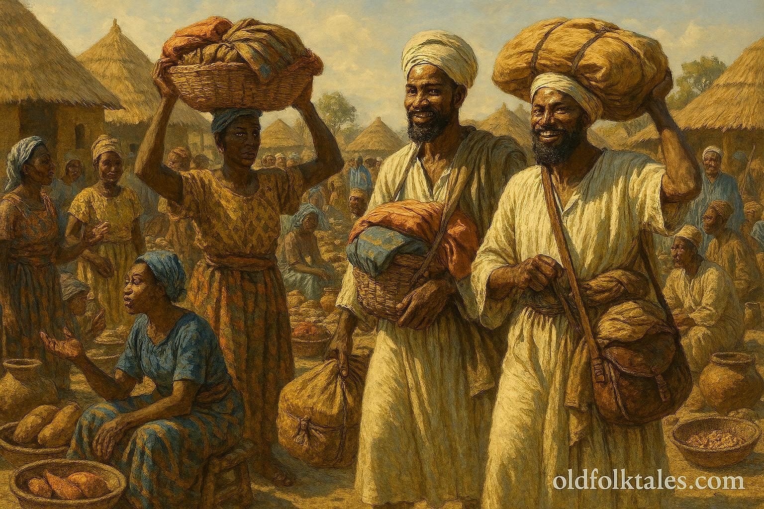 Dioula merchants arriving at a village marketplace and establishing trade networks that connect distant communities.
