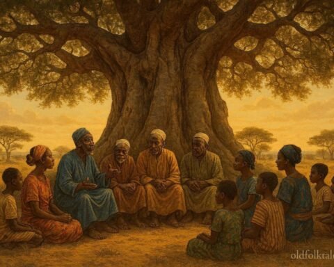 A giant baobab tree in Korhogo where Sénoufo elders share ancestral histories and wisdom with younger generations.