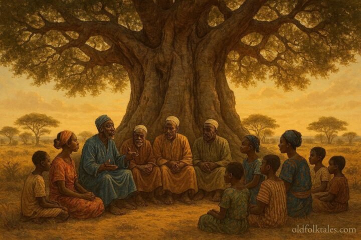 A giant baobab tree in Korhogo where Sénoufo elders share ancestral histories and wisdom with younger generations.
