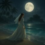 A mysterious bride dressed in white walking along the moonlit shores of Île aux Cerfs in Mauritius.