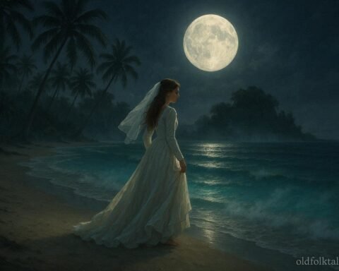 A mysterious bride dressed in white walking along the moonlit shores of Île aux Cerfs in Mauritius.