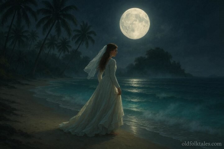 A mysterious bride dressed in white walking along the moonlit shores of Île aux Cerfs in Mauritius.